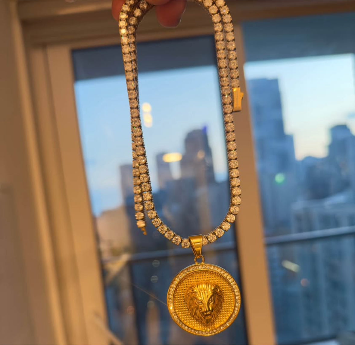 Coated in Pure 18 K Gold Tennis chain 4 pointers 20 inch and Gold Pendant
