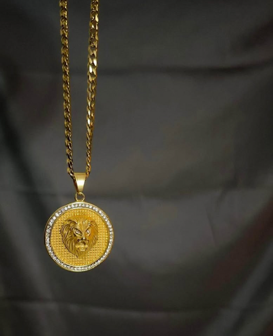 Coated in Pure 18 K Gold Cuban Link Chain, base metal 304 stainless steel. 100% water proof rust proof tarnish proof with Lion Pendant