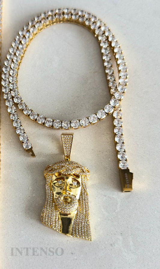 AAA Grade Natural Semi precious Zircon Coated in pure 18 K Gold Tennis chain with Jesus head pendant