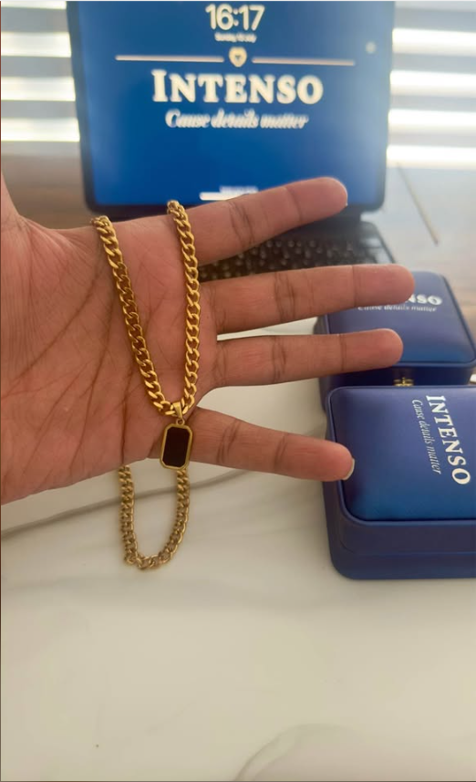 Coated in Pure 18 k Gold Cuban link, Black agate pendant